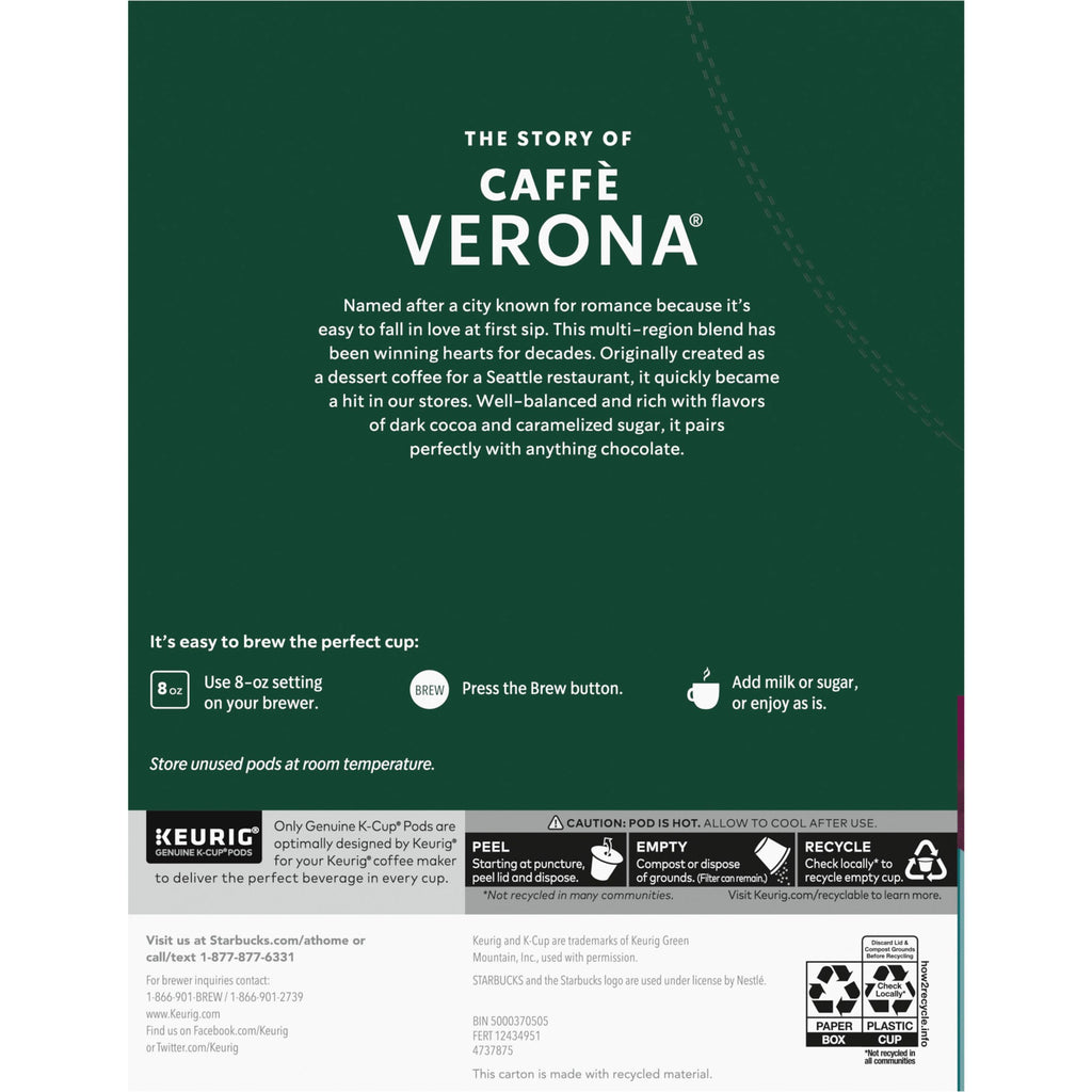Starbucks K-Cup Coffee Pods, Dark Roast Hot or Iced Coffee, Caffè Verona, 96 Keurig Pods