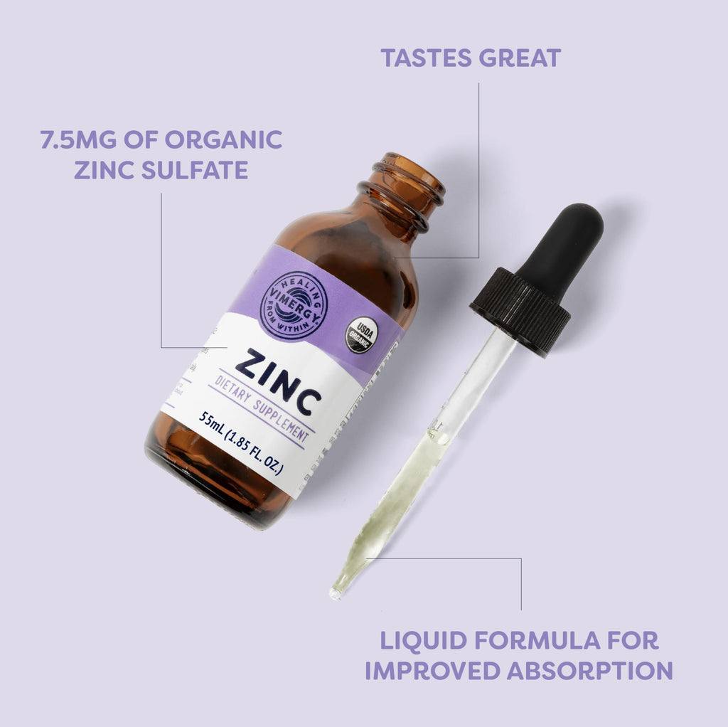 VIMERGY USDA Organic Zinc Supplements for Women & Men (7.5mg Liquid Zinc Per Serving) Fast-Absorbing Immune Support, Promotes Healthy Bones & Skin, Vegan