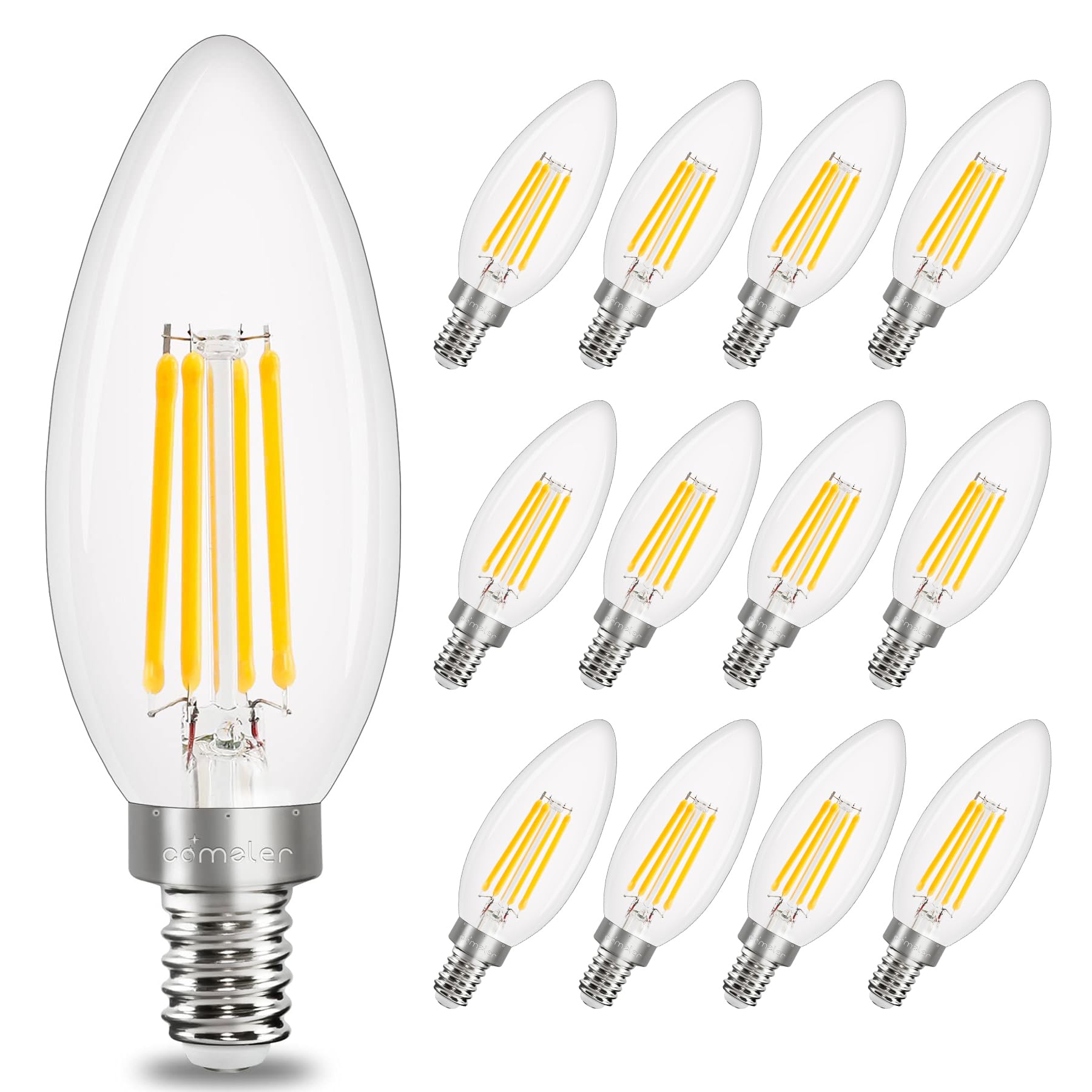 comzler Dimmable E12 LED Candelabra Bulb, 3000K Soft White, 40W Equivalent, Type B Chandelier Light Bulb, B11 Edison Filament for Ceiling Fan, 400LM, Pack of 12