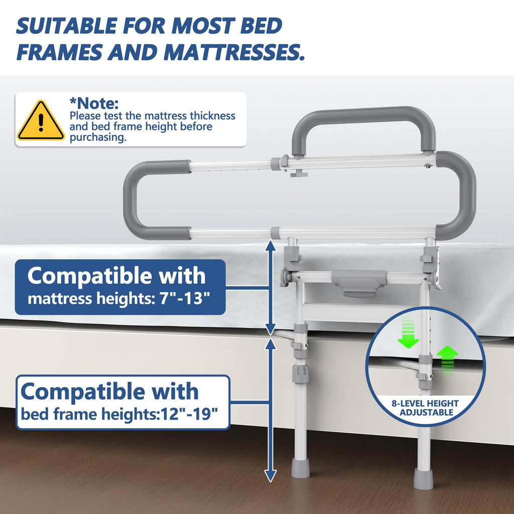 Heavy Duty Bed Rails for Elderly Adults Safety-Foldable Bed Rail for Senior with Adjustable Heights Fits All Bed Sizes，Bed Handle Bedside Assist with Pocket -504M (White and Gray)