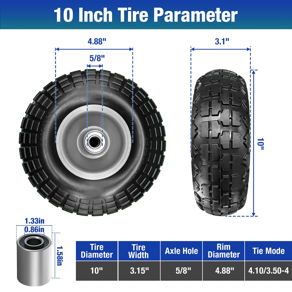 4 Pcs 4.10/3.50-4 Flat Free Tires and Dolly Wheel,10" Solid Non-inflated Tires Wheels with 5/8 Ball Bearings, 2.24" Offset Hub for Wheelbarrow, Wagon Carts, Trolley, Hand Truck, Various Tool Carts