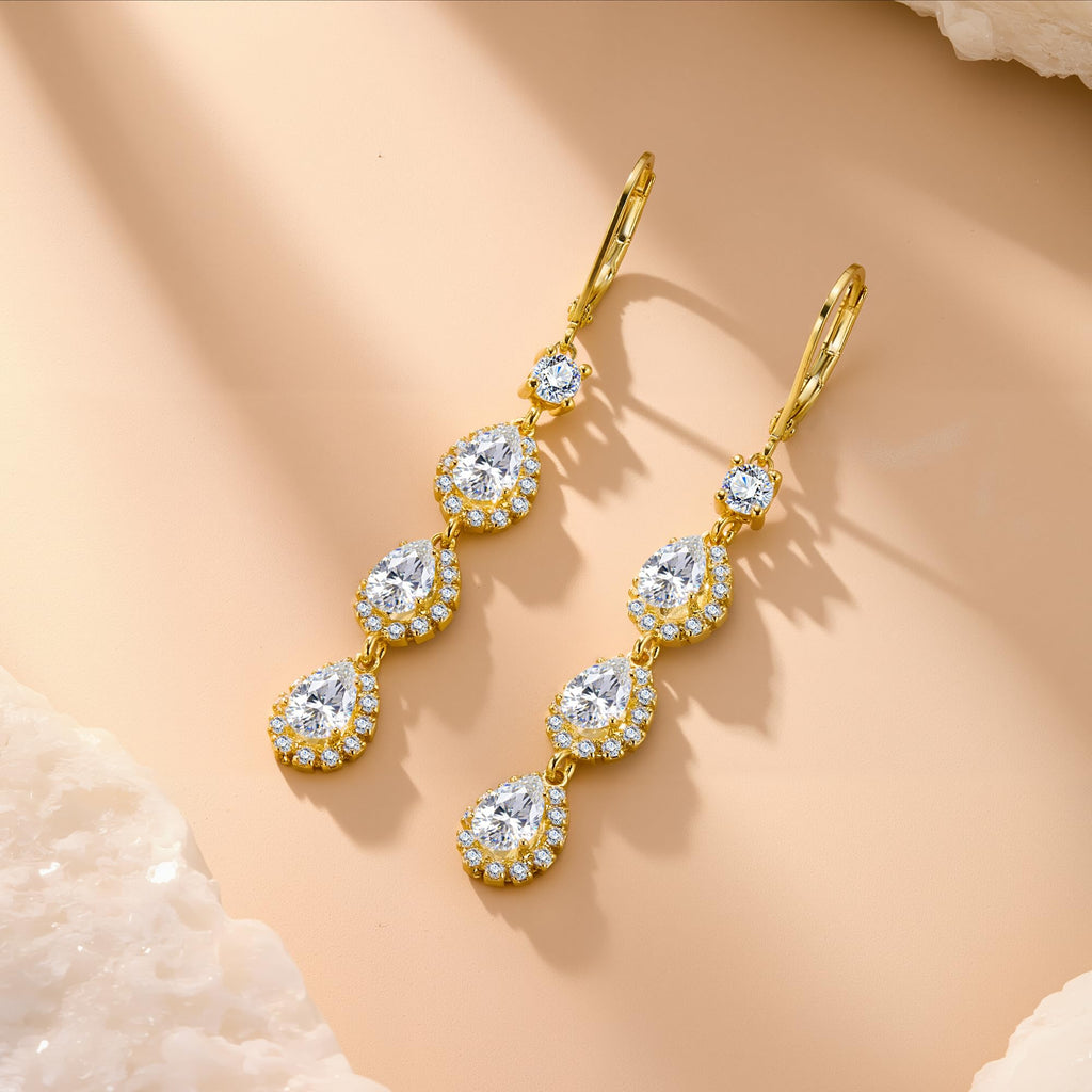 Gold Drop Earring Long Zirconia Teardrop Dangle Leverback Earring for Women