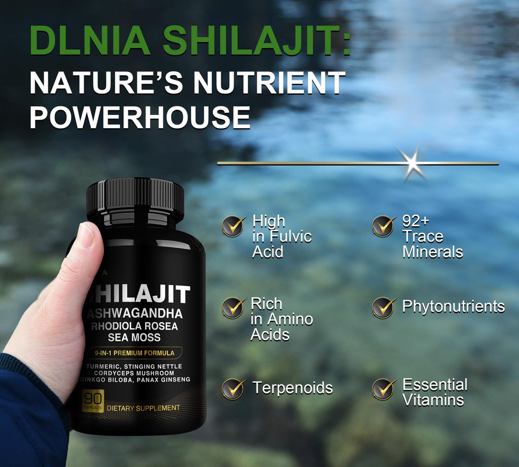 DLNIA Shilajit 9-in-1 Capsules – Organic Himalayan Complex with Ashwagandha, Sea Moss, Turmeric & More – Vegan, Lab-Tested, Immune & Energy Support for Men & Women – 90 Capsules