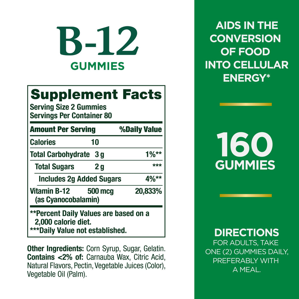 Nature's Bounty Vitamin B12 Gummies, Dietary Supplement, Supports Energy Metabolism and Nervous System Health, Mixed Berry Flavor, 500mcg, 160 Count (Pack of 3)