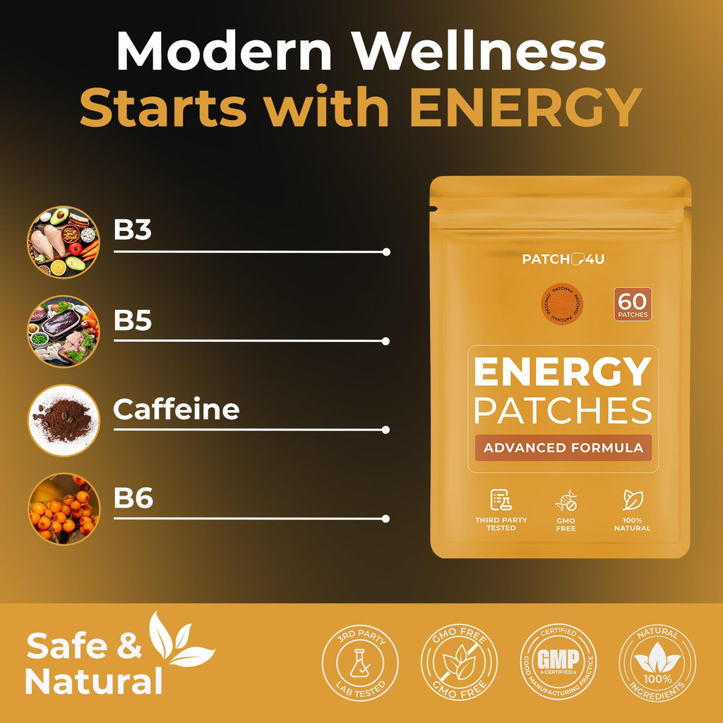Energy Patches with B12-9-in-1 Biotin, Thiamine & B-Vitamin Complex + Natural Caffeine for Women & Men - Energy & Focus - 60 Day Supply