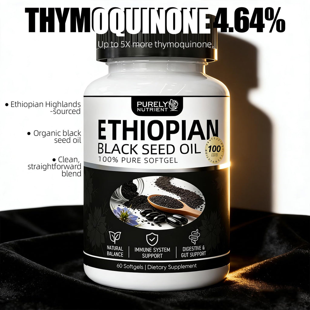 NHQNHQ Purely Nutrient Ethiopian Black Seed Oil, Ethiopian Black Seed Oil Softgels |4.64% Thymoquinone | Non-GMO, Gluten-Free,60 Capsules-1PCS