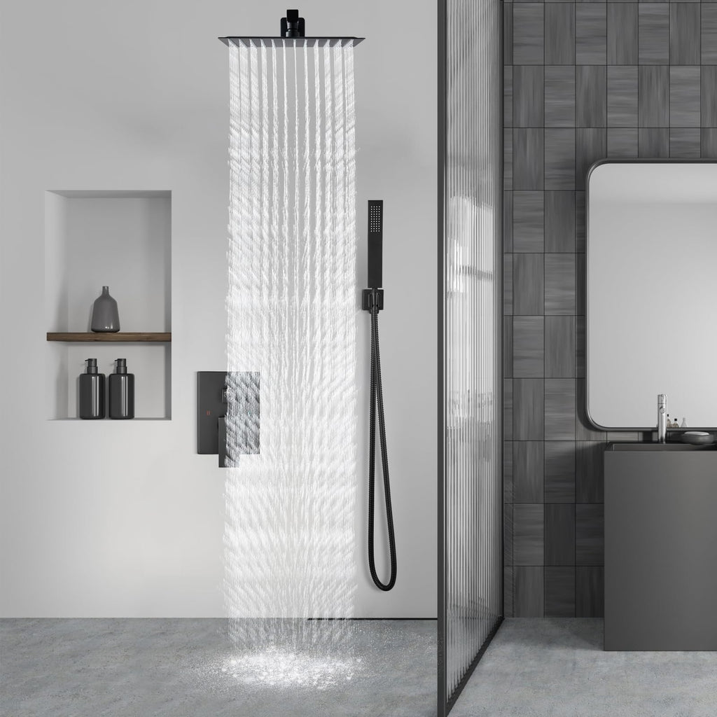 Aolemi Shower Faucet Set Rain Shower System with Handheld Spray Bathroom Shower Combo Rough-in Valve and Shower Trim Kit Included Matte Black 8 Inch Wall Mount Shower Head