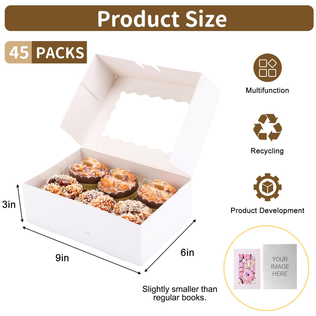 Moretoes 45pcs Cookie Boxes with Window, 9x6x3in Auto-Popup Bakery Boxes