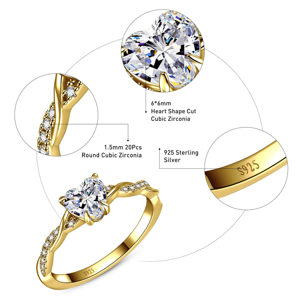 Yaresul 925 Sterling Silver Promise Ring for Her, Gold Heart Rings Size 6.5