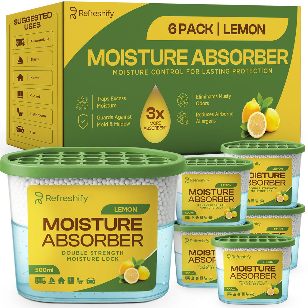 Premium Moisture Absorbers and Dehumidifier Tubs – High-Efficiency Closet Dehumidifier and Dehumidifier for Car, Odor Control Lemon Scent, 6 Pack, 7.5 Oz