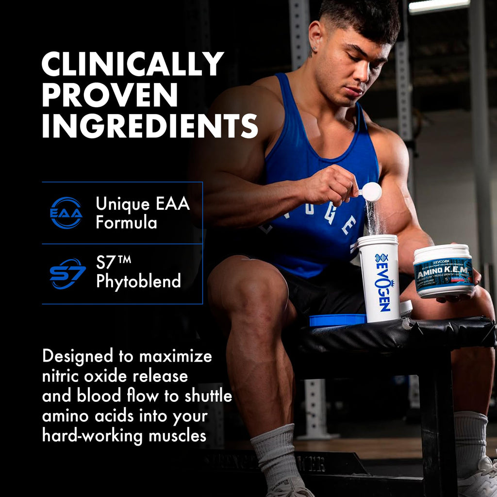 Evogen Amino K.E.M. - EAA & BCAA Powder Pump Volumizer | BCAAs Amino Acids Supplement for Blood Flow, Muscle Growth, & Hydration | Blueberry Apple | 30 Servings