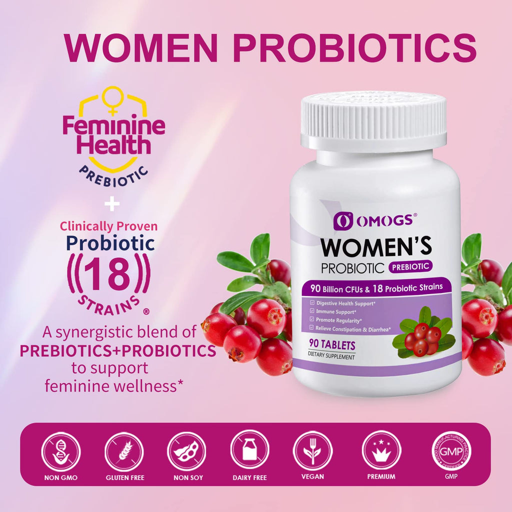 OMOGS 2PCS Women's Probiotic, with Cranberry Extract, Organic Prebiotics & Vitamin C, 90 Billion CFUs,18 Strains, Help for Boost Immune, Digestive, Gut Health & Women's Health,180 Tablets