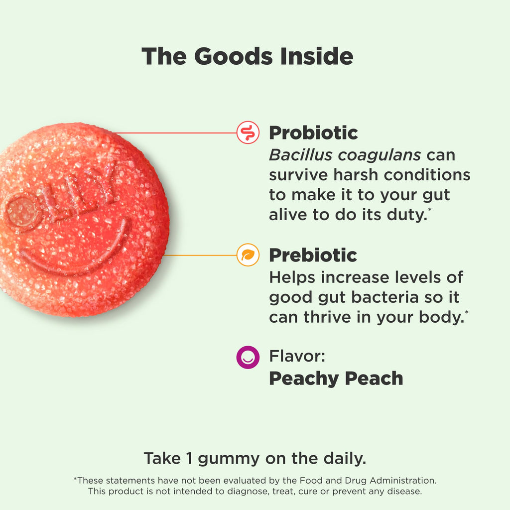 OLLY Probiotic + Prebiotic Gummy, Digestive Support and Gut Health, 500 Million CFUs, Fiber, Adult Chewable Supplement for Men and Women, Peach, 30 Day Supply - 30 Count (Pack of 12)