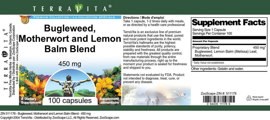 Terravita Thyroid Support - Bugleweed, Motherwort and Lemon Balm - 450 mg (100 Capsules, ZIN: 511178)