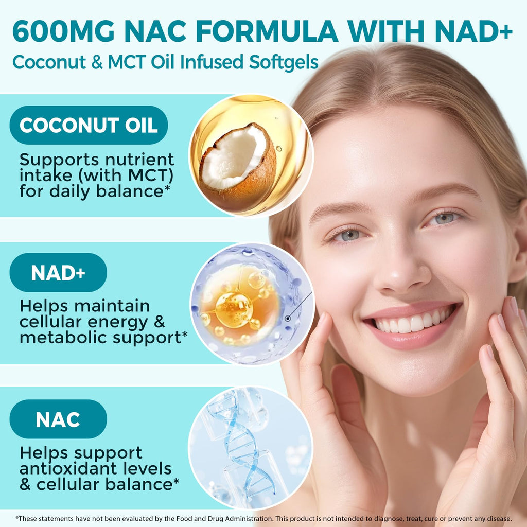 NVXNMSD NAC Supplement 600mg, 300 Softgels NAC with NAD+ & MCT Oil N-Acetyl Cysteine Supplement with Coconut Oil Vegetarian Capsules for Antioxidant Supports Liver & Energy Non-GMO Gluten Free