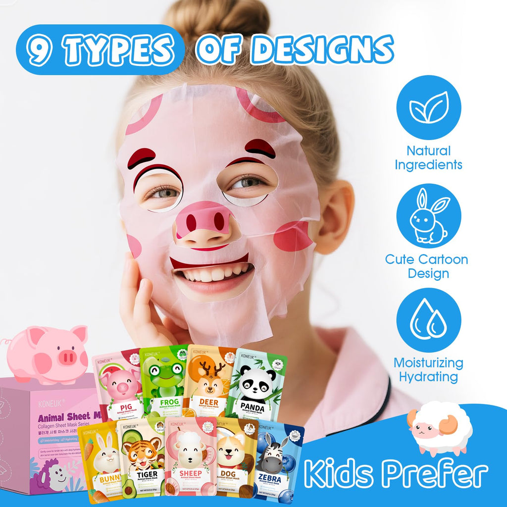 KONEUK 54 Pack Animal Kids Face Mask Spa, Bulk Collagen Hydrating Sheet Face Masks Skincare for Girls Teens, Easter Basket Stuffers, Birthday Gifts, Mothers Day Gifts for Mom