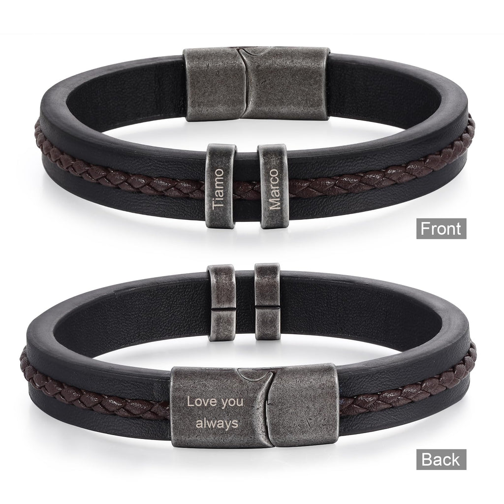 Personalized Custom Name Bracelets for Men - Mens Leather Bracelet with 2-5 Kids Names Customized Gifts for Dad Husband Son (2 names)