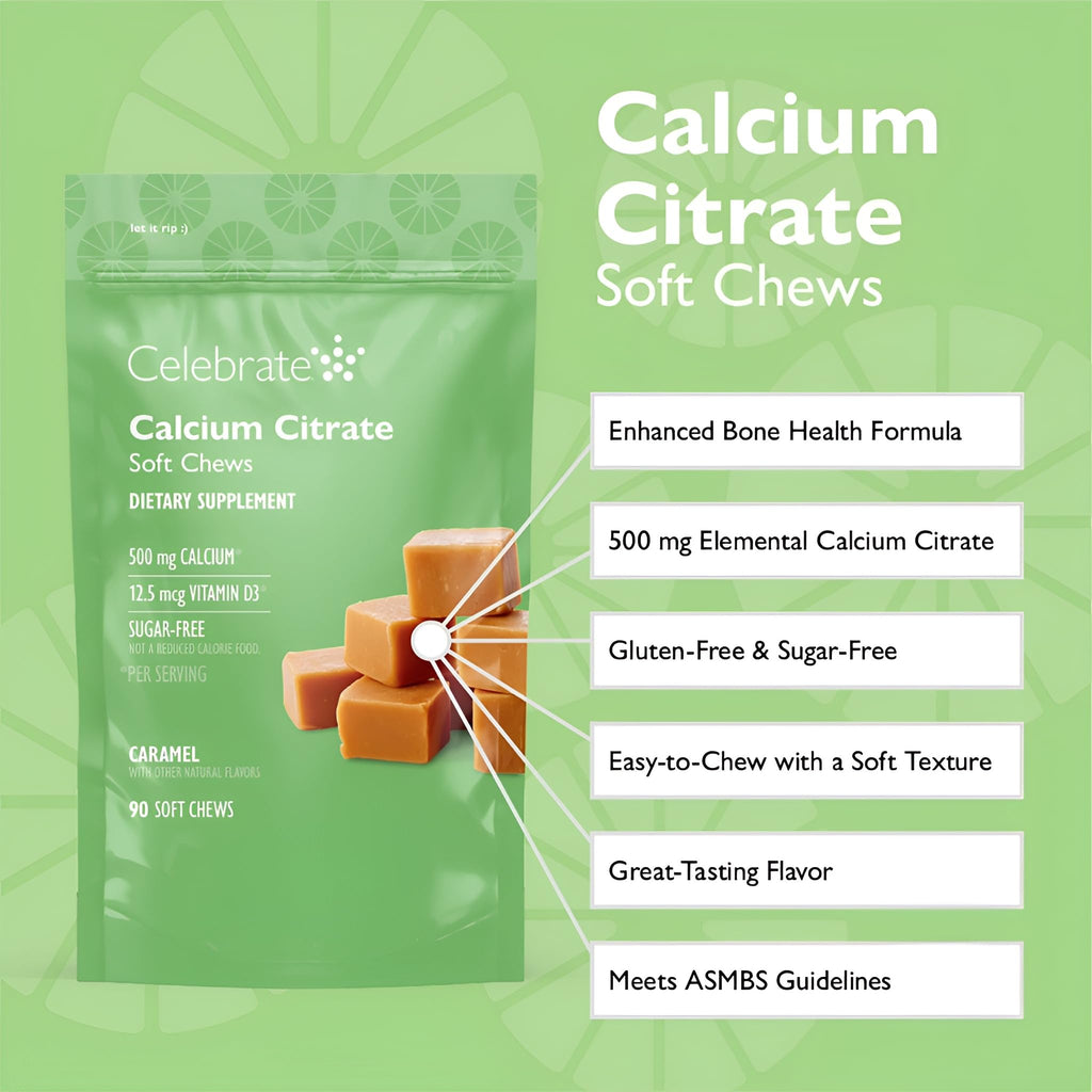 Celebrate Vitamins Bariatric 500mg Calcium Citrate Soft Chews with 500 IU Vitamin D3 – Essential for Gastric Bypass Patients & Bone Health - Sugar & Gluten Free, Caramel (90 Chews)