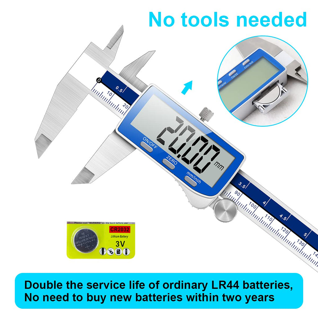 Qfun Digital Caliper, 0-6inch Caliper Measuring Tool Extreme Accuracy IP54 Waterproof Electronic Vernier Caliper Stainless Steel Digital Micrometer with Extra Large LCD Screen