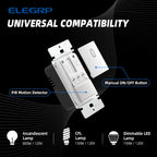 ELEGRP Single Pole Occupancy Motion Sensor Light Switch, PIR Infrared Motion Activated Switch, Need Grounding Wire, No Neutral Wire, for CFL/LED/Incandescent, with Plate, UL(2 Pack, Matte White)