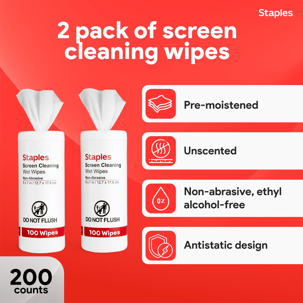 Staples Screen Cleaning Wipes – 100 per Tub, Safe for Monitors, Laptops & Electronics, 2‑Pack