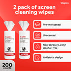 Staples Screen Cleaning Wipes – 100 per Tub, Safe for Monitors, Laptops & Electronics, 2‑Pack