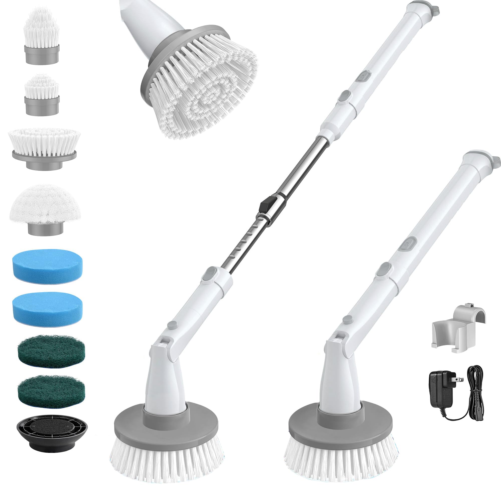 kHelfer Electric Spin Scrubber, Cordless Shower Scrubber with Long Handle, 8 Replacement Heads, 1.5H Bathroom Scrubber Dual Speed, Shower Cleaning Brush with Extension Arm for Bathtub Tile Floor