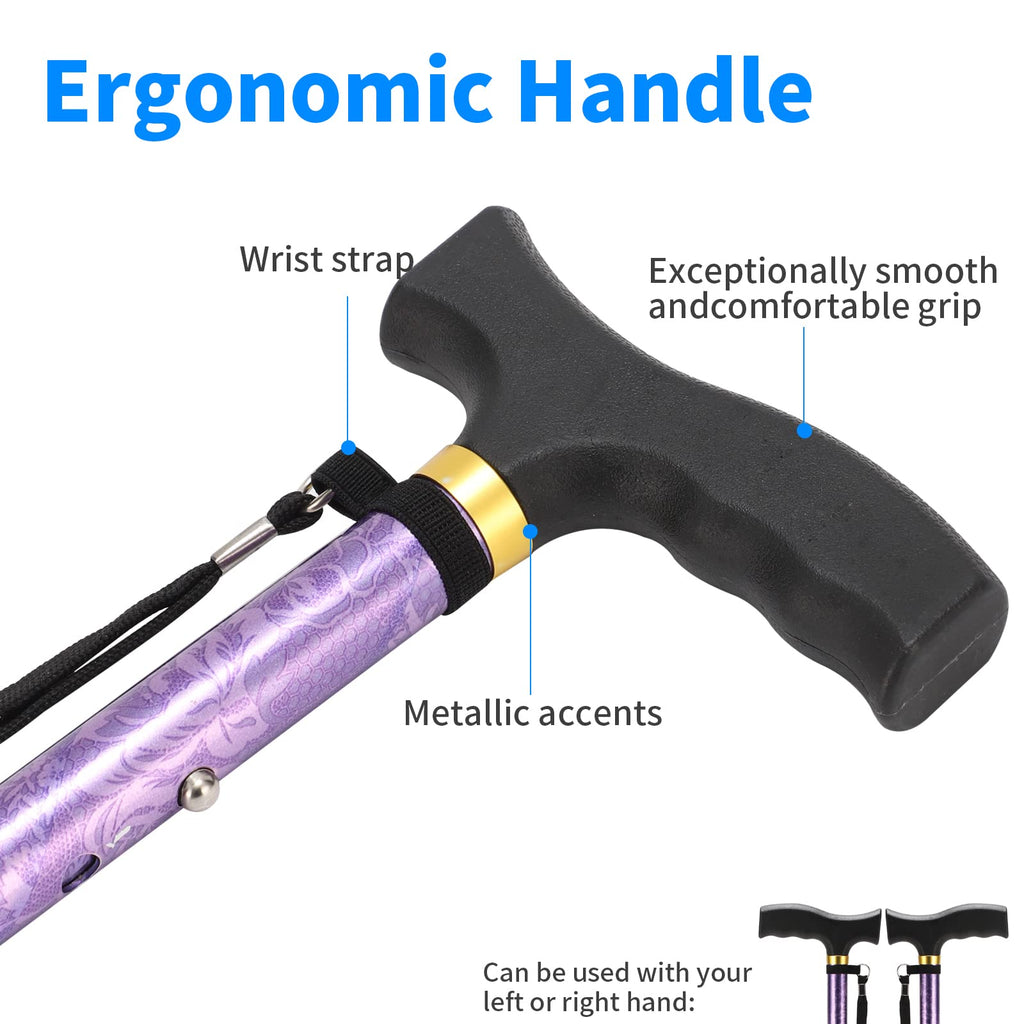LIXIANG Folding Walking Cane, 5-Level Height Adjustable Walking Stick for Men & Women with Comfortable Plastic T-Handle Portable Walking Stick (Purple Flower)