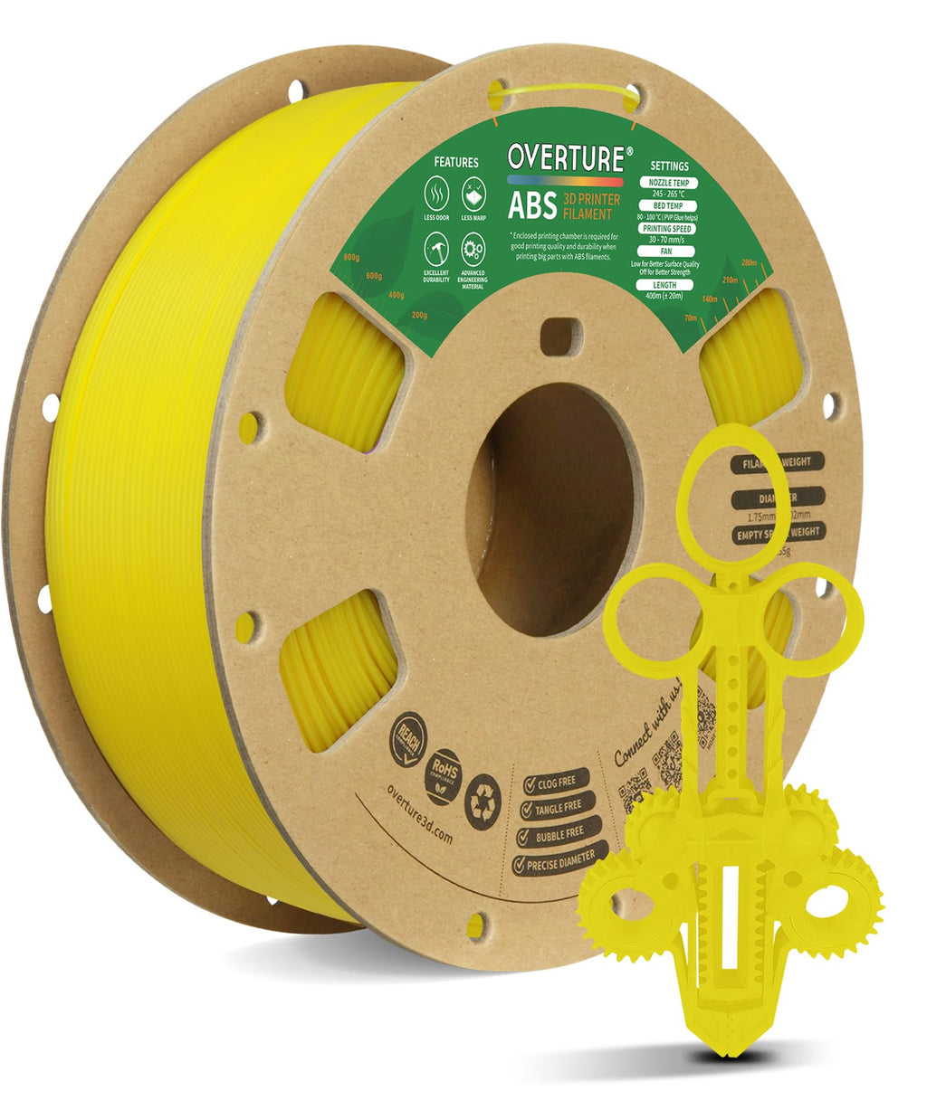 OVERTURE ABS Filament 1.75mm, High Strength & Heat-Resistant 3D Printer Filament, Low Warping, Excellent Durability, ABS 1kg (2.2lbs) Cardboard Spool, High Precision +/- 0.02mm (Yellow)