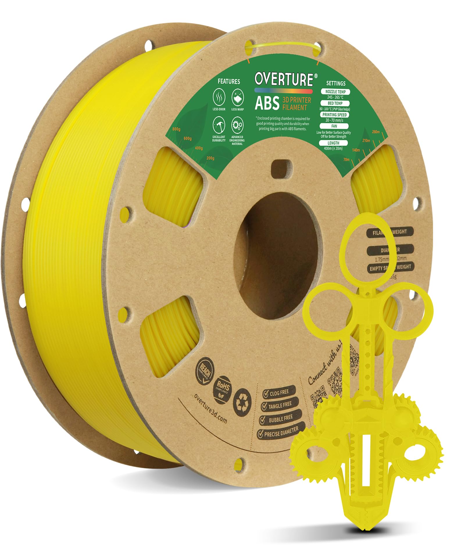 OVERTURE ABS Filament 1.75mm, High Strength & Heat-Resistant 3D Printer Filament, Low Warping, Excellent Durability, ABS 1kg (2.2lbs) Cardboard Spool, High Precision +/- 0.02mm (Yellow)