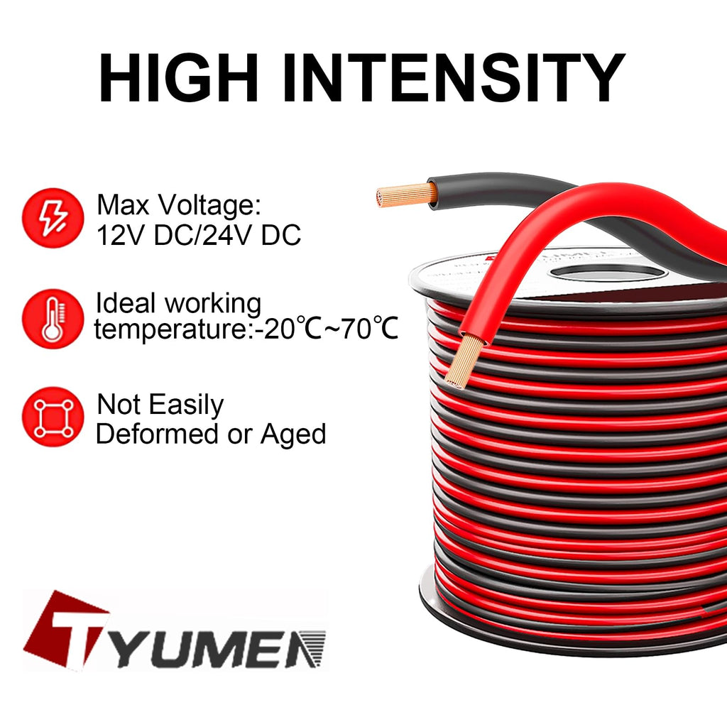 TYUMEN 12 Gauge Red Black Wire 50FT, 12/2 AWG Electrical Wire 12V/24V DC Cable, 12AWG 2 Conductor Flexible Copper Claded Aluminum Extension Cord for LED Ribbon Lamp Tape Lighting, in-Home, Autos Use