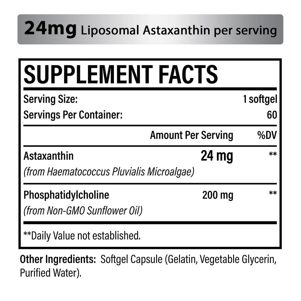 Liposomal Astaxanthin Supplement 24MG, Maximum Absorption, Antioxidant Stronger Than VIT C, Non-GMO & Gluten Free - 120 Softgels(4 Months Supply)