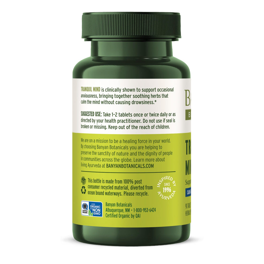 Banyan Botanicals Organic Tranquil Mind – Nervous System Support & Physical Relaxation Supplement – with Skullcap, Passionflower & Gotu Kola – Non-Drowsy Systemic Grounding – 90 Tablets – USDA Organic