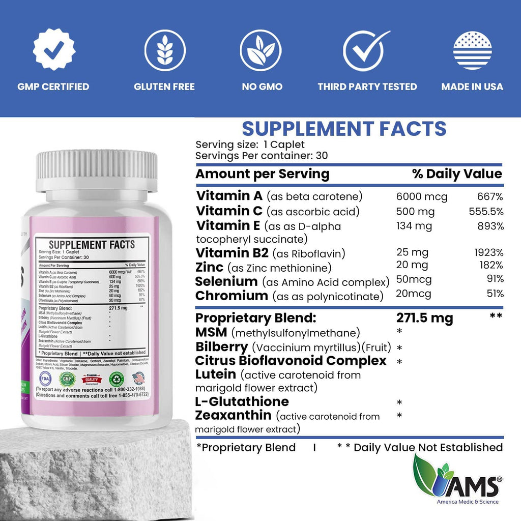 America Medic & Science EyeCaps (30 Caplets) | Dietary Supplement for Men and Women | Supports Vision Health | Enriched with Lutein, Zinc, Selenium, Chromium, and Vitamins A, C, E, and B2