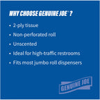 Genuine Joe Jumbo Roll Bath Tissue - 2-Ply White Toilet Paper, 3.3" x 650' per Roll, 12 Count Bulk Pack, Recycled Fiber, Commercial Grade for Dispensers