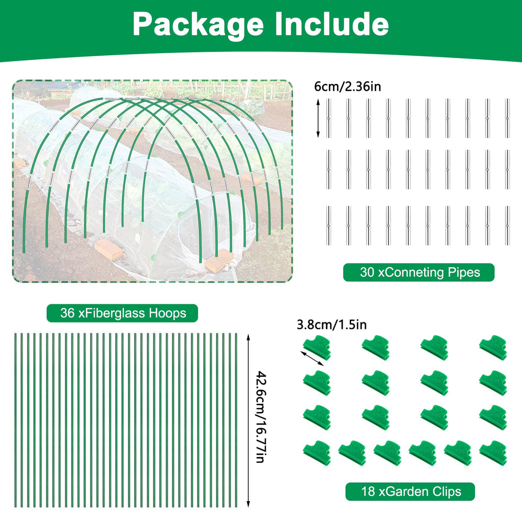 Garden Hoops for Raised Beds, Splinter-Free Fiberglass Greenhouse Hoops Grow Tunnel, 36 Pcs Adjustable Frame for Row Cover & Bird Netting, Rust-Proof DIY Outdoor Plant Stakes