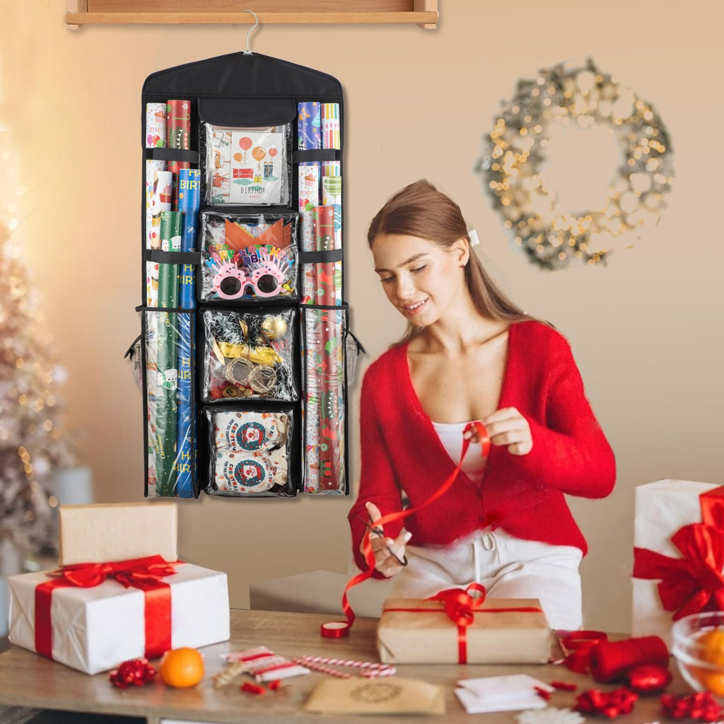 EOLIMEX Christmas Wrapping Paper Organizer Storage, Hanging Gift Bag Storage Organizer, Double-Sided Wrapping Paper Holder Storage - Black