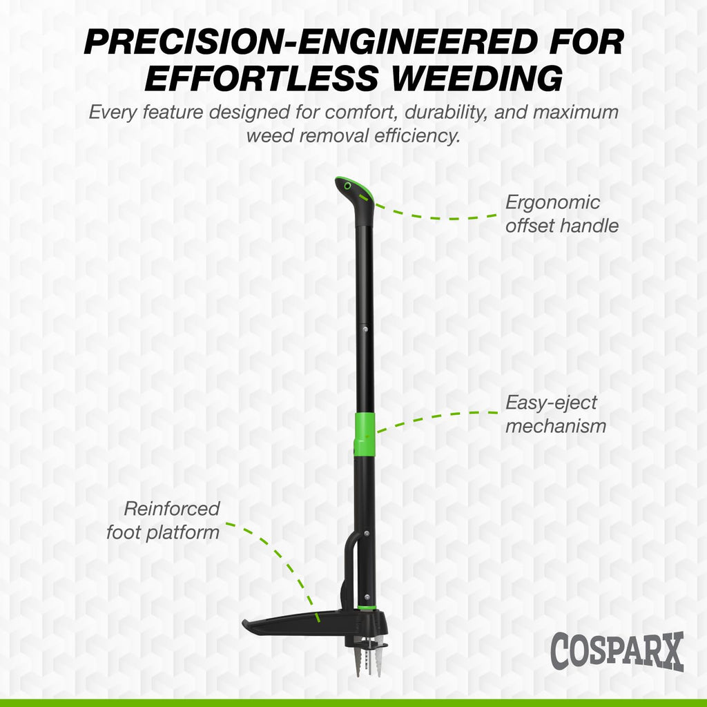 COSPARX Weed Puller Tool with Long 43” Handle, No Bending, Easy Eject – Removes Weeds Effortlessly, Sturdy Foot Pedal & Lightweight Aluminum - 4-Claw Hand Weeding Tool