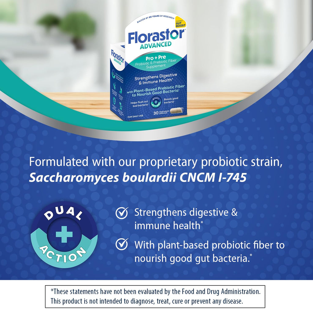 Florastor Advanced Pro+Pre Daily Probiotic and Prebiotic Supplement for Women and Men, Boosts Good Bacteria, Saccharomyces Boulardii CNCM I-745 (30 Capsules) (Pack of 2)