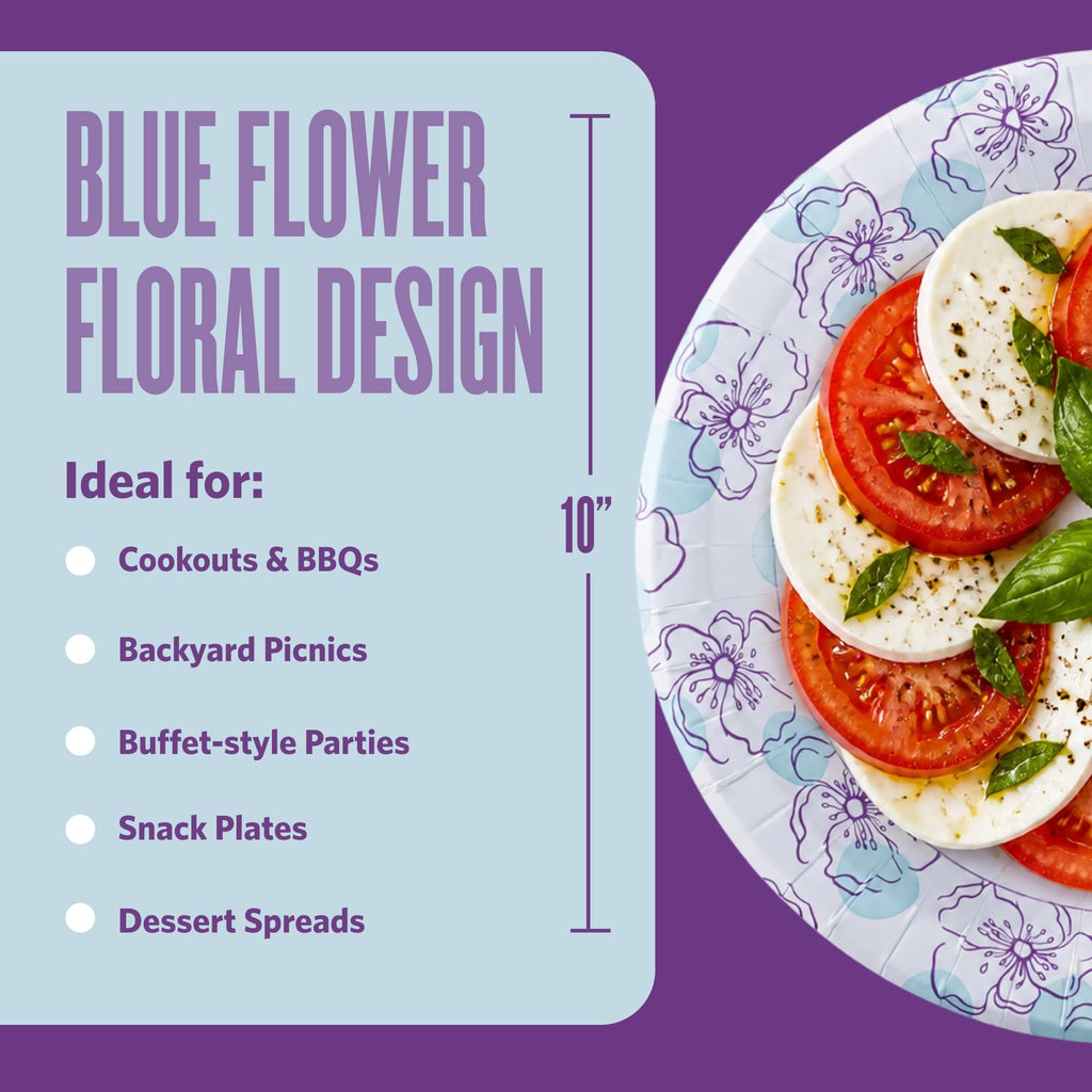 Glad Round Disposable Paper Plates, Blue Flower Design, 10 Inch, 100 Count – Soak-Proof & Cut-Resistant – For Dinner, Snacks & Everyday Use