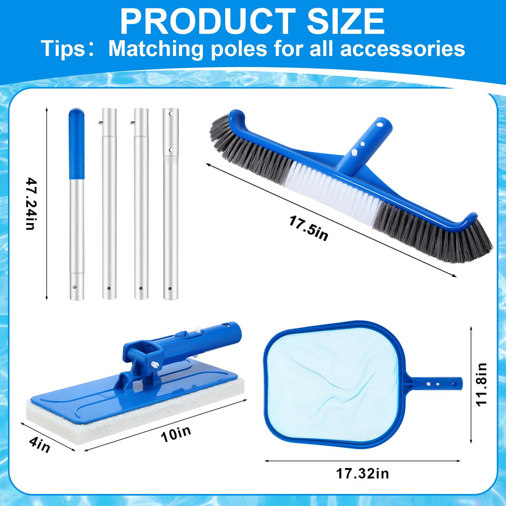 Tioncy 4 Pack Swimming Pool Cleaning Kit Including Pool Cleaning Brush Scrubbing Scouring Sponge Pad Skimmer Leaf Net and 47inch Swimming Pool Cleaning Poles for Inflatable Pool Home Spas Hot Tubs