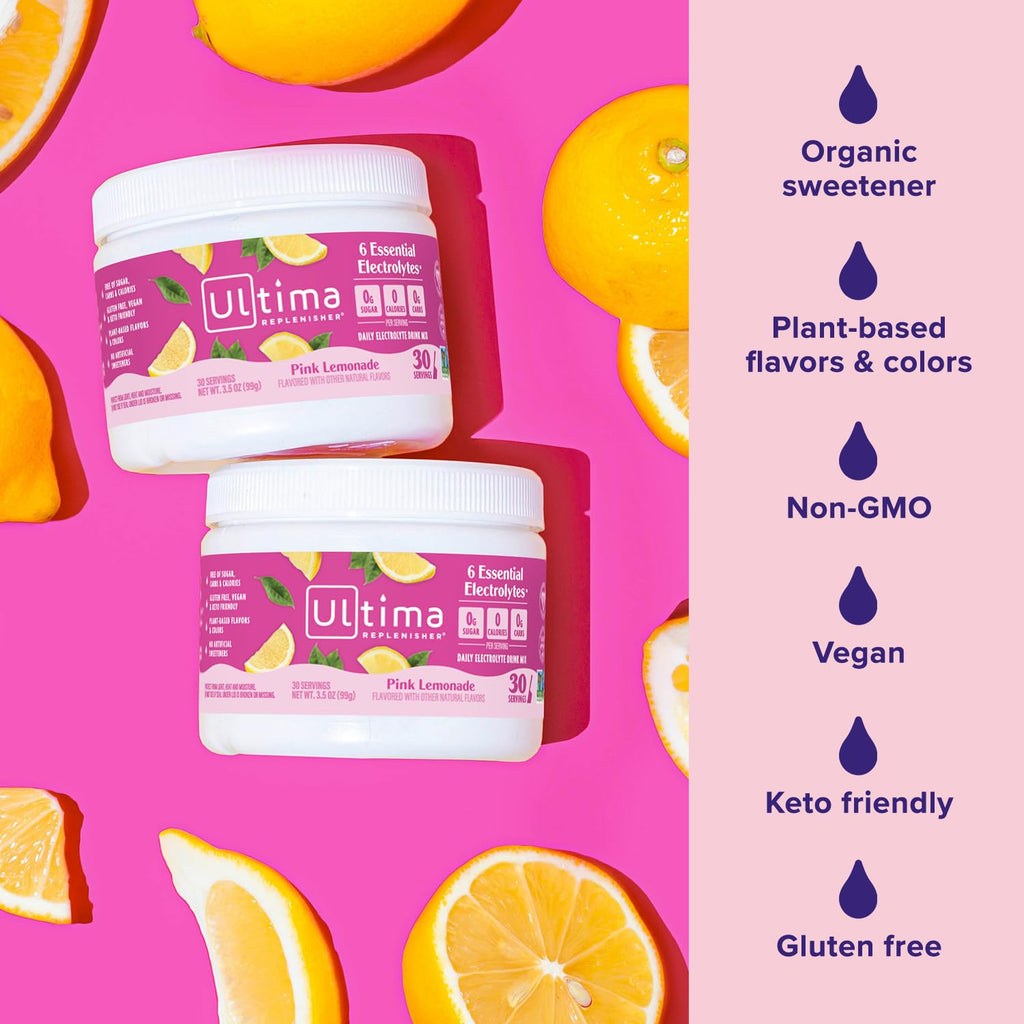 Ultima Replenisher Daily Electrolyte Powder Drink Mix – Pink Lemonade, 30 Servings Canister – Zero Sugar Hydration Powder with 6 Electrolytes & Minerals – Sugar Free, Plant-Based & Keto Friendly