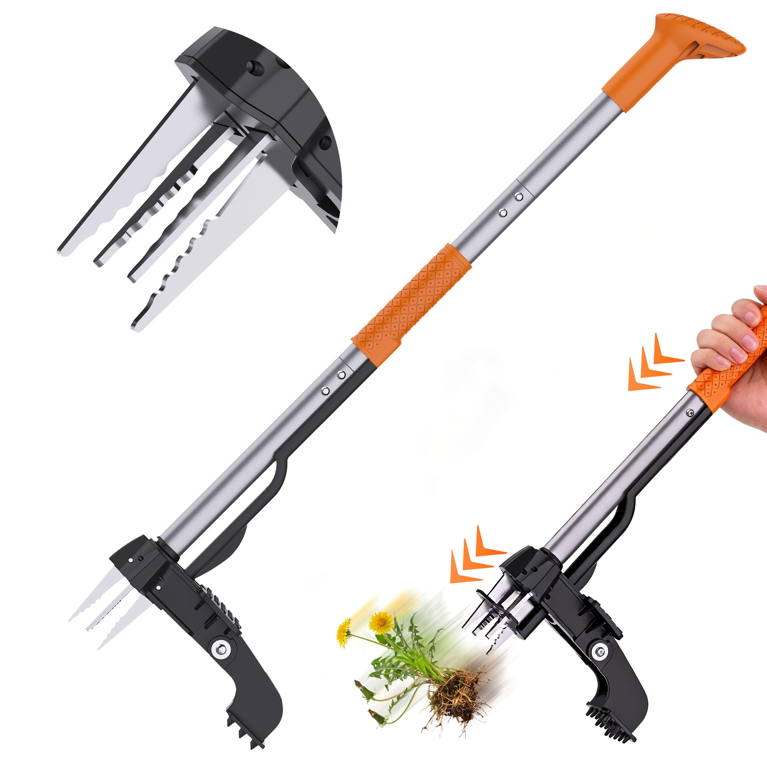 Aishkimo Stand Up Weed Puller Tool - 4-Claw Steel Head Hand Weeding Tool - 40" Retractable Handle with Easy-Eject Mechanism for Dandelions, Clover, No Bending or Kneeling