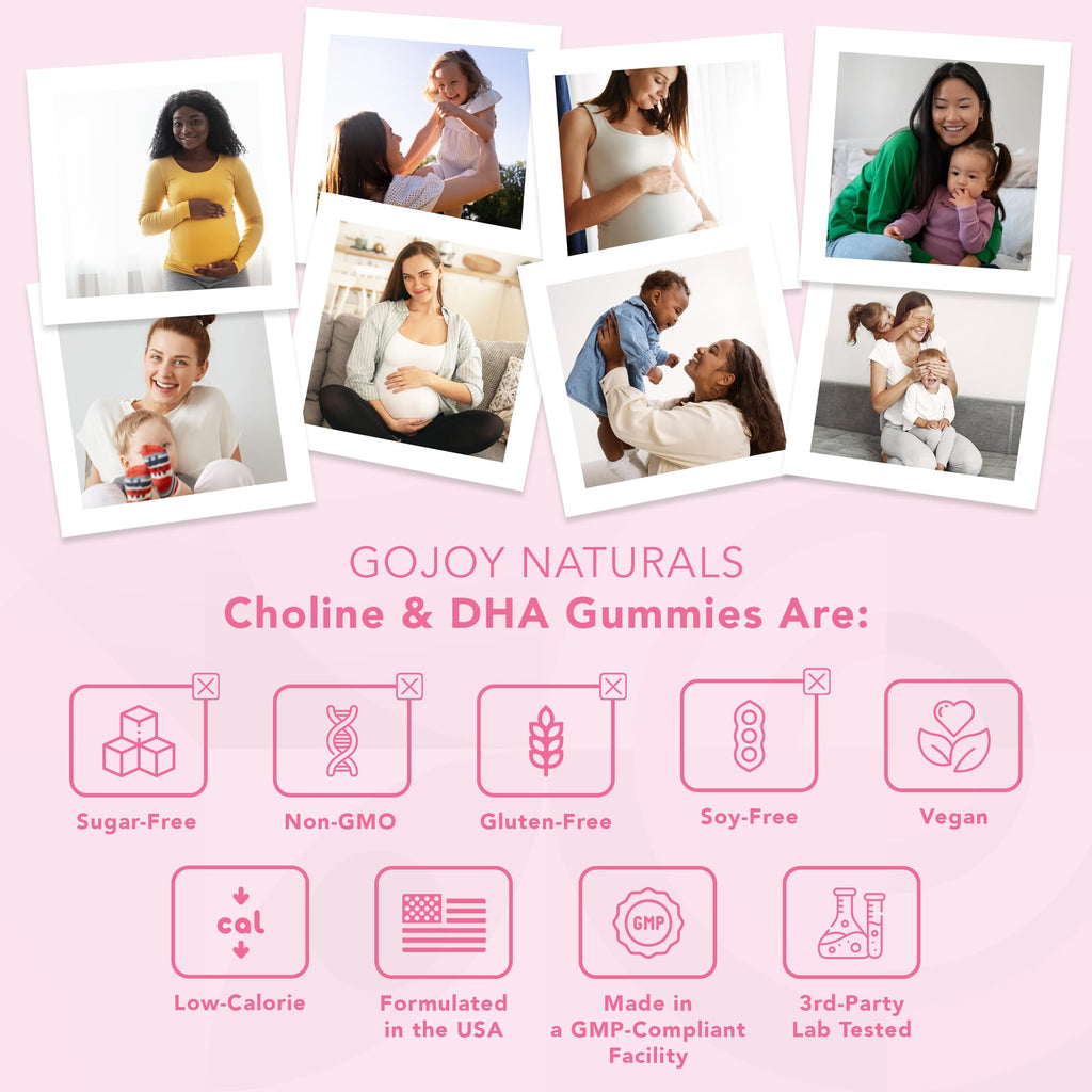 GOJOY NATURALS Prenatal Choline & DHA Gummies - Preconception to Postnatal Gummy Vitamin Supplement for Pregnant Women - Sweetened with Monk Fruit - 3rd Party Tested - Non GMO, Gluten Free, Vegan
