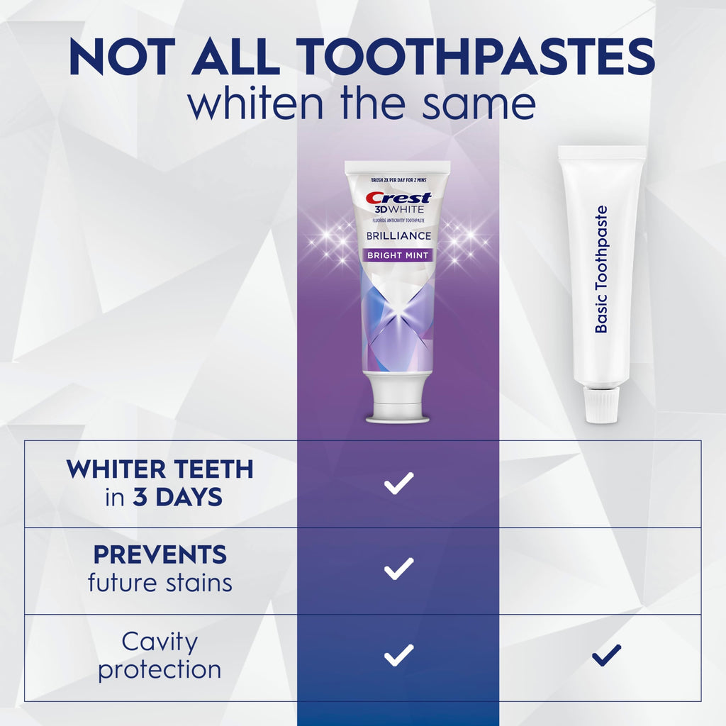 Crest 3D White Brilliance Bright Mint Teeth Whitening Toothpaste, 4.3 oz Pack of 3, 100% More Surface Stain Removal, 24 Hour Active Stain Prevention, Whiter Teeth in 3 Days