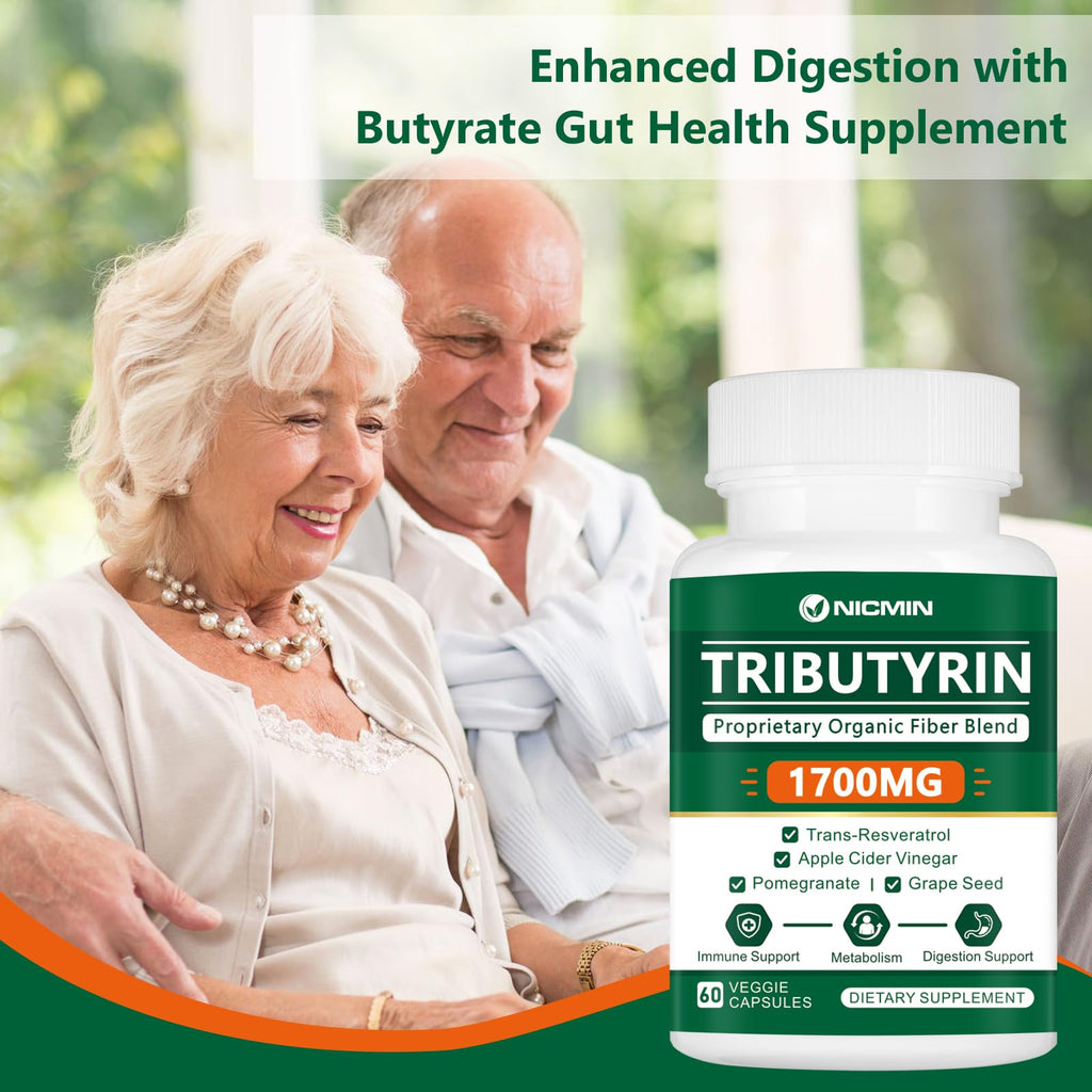 NICMIN Tributyrin Supplement - Premium Butyrate Gut Health Supplement for Leaky Gut 60 Capsules
