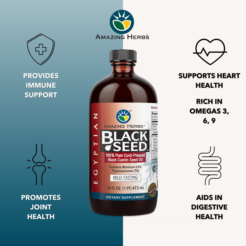 Amazing Herbs Egyptian Black Seed Oil - Gluten Free, Non GMO, Cold Pressed Nigella Sativa Aids in Digestive Health, Immune Support, Brain Function, Mild Flavor - 16 Fl Oz