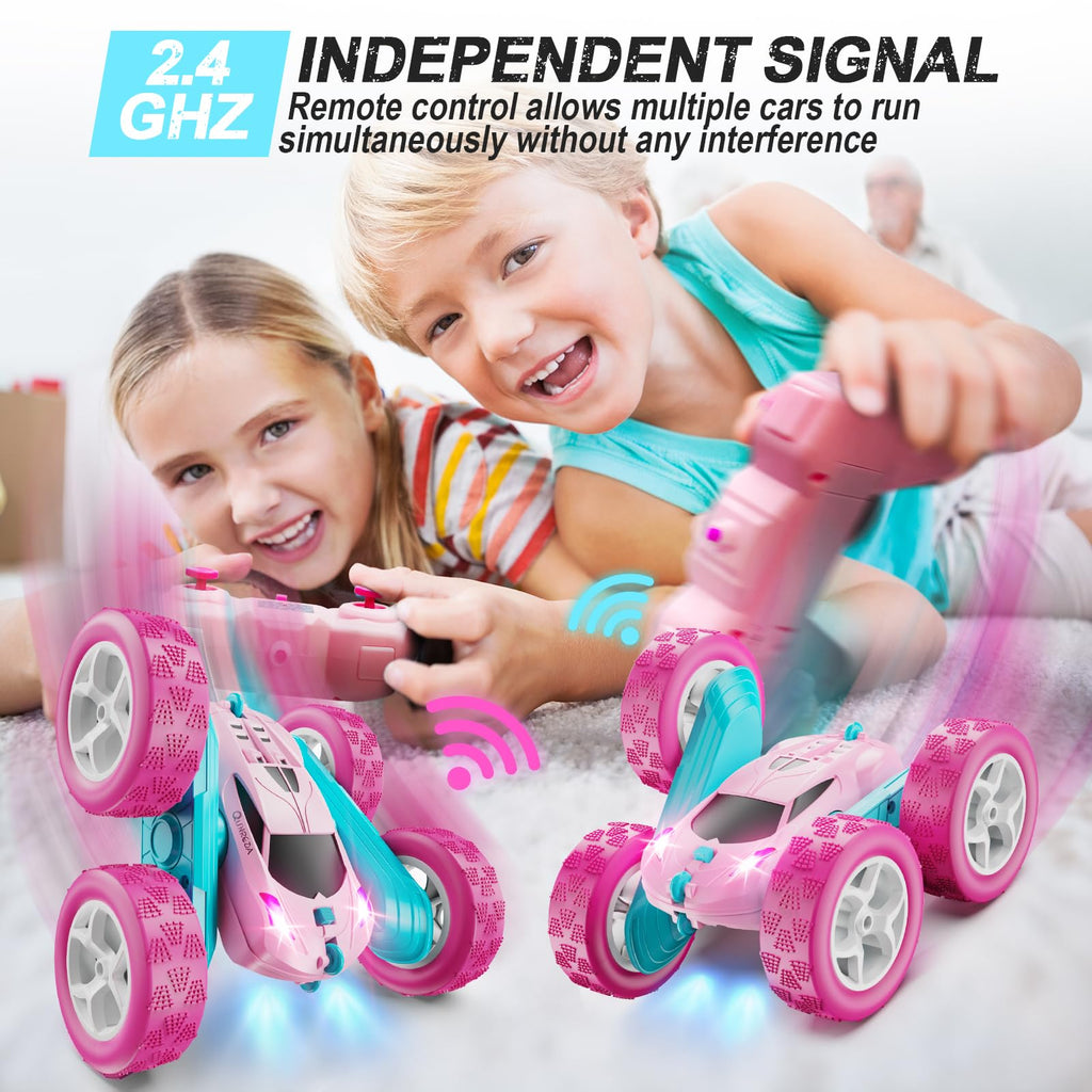 QUNREDA RC Cars, Pink Remote Control Car for Girls, 2.4 GHZ Double Sided RC Stunt Car 360° Rotating Remote Control Crawler with Headlights Car Toys for 6 7 8 9 10 11 12 Girls Birthday Gift Grandkids