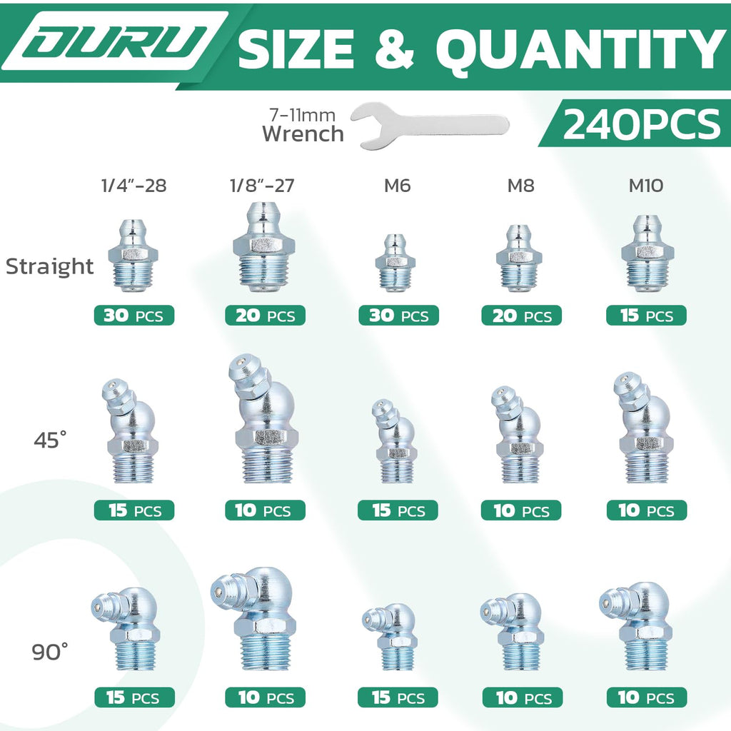 OURU 240PCS Grease Fittings Assortment Kit, SAE & Metric with Wrench Kit