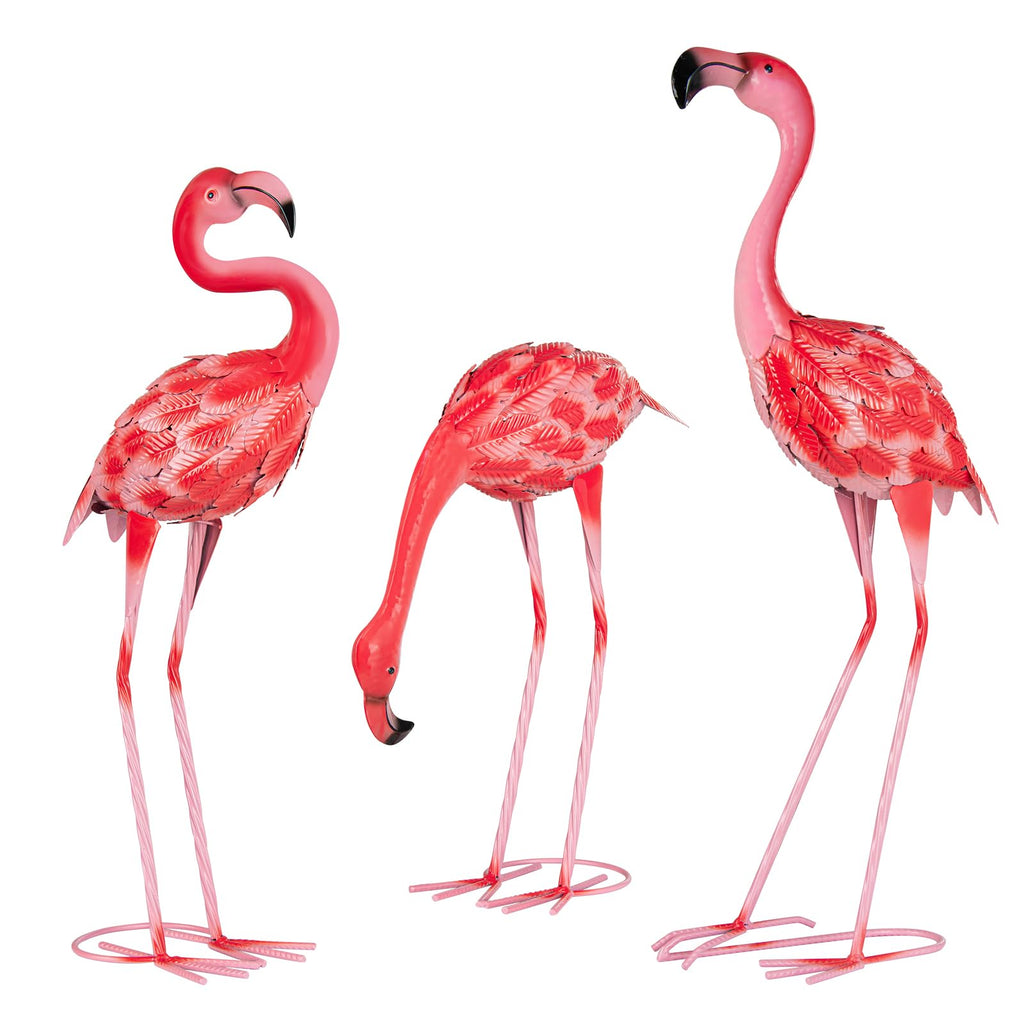 XONOR 3Pcs Flamingo Garden Statues Metal Flamingo Yard Art Outdoor Statues Sculptures for Home Patio Lawn Backyard Décor(Pink&Red)